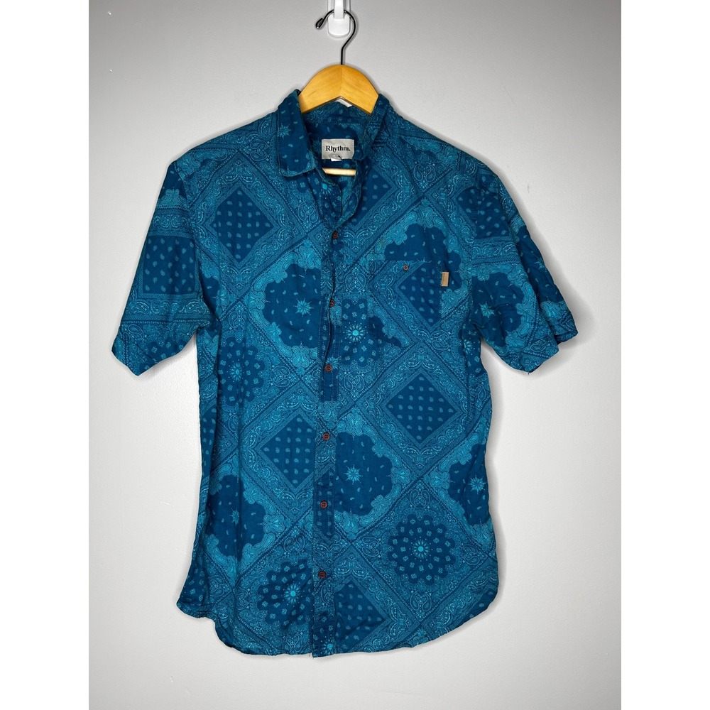 Rhythm Mens Blue Bandana Print Festival Western Shirt Size‎ Large Casual Relaxed